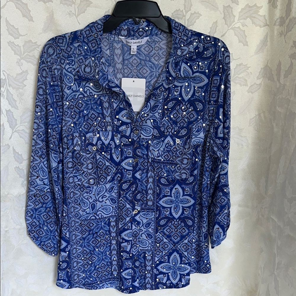New Directions Navy and Light Blue Patterned Blouse